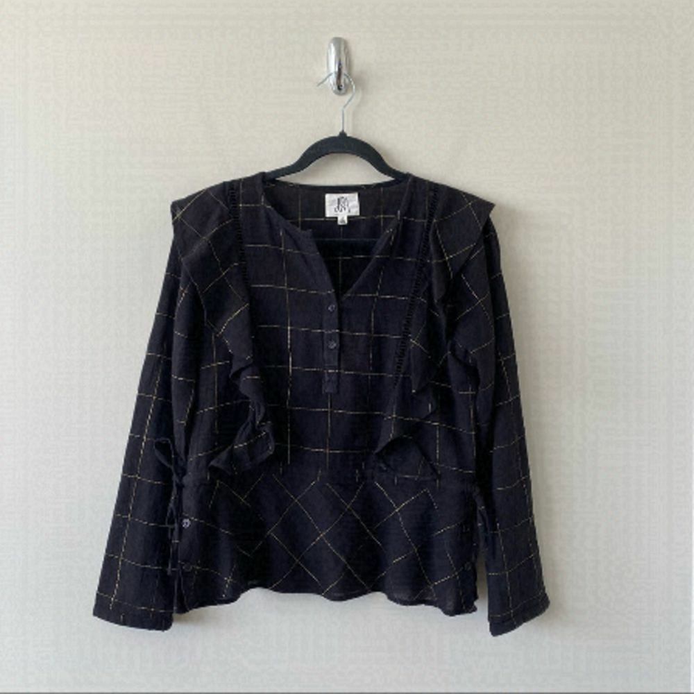 ANTHROPOLOGIE-DRA Metallic Plaid Ruffle Detail Blouse